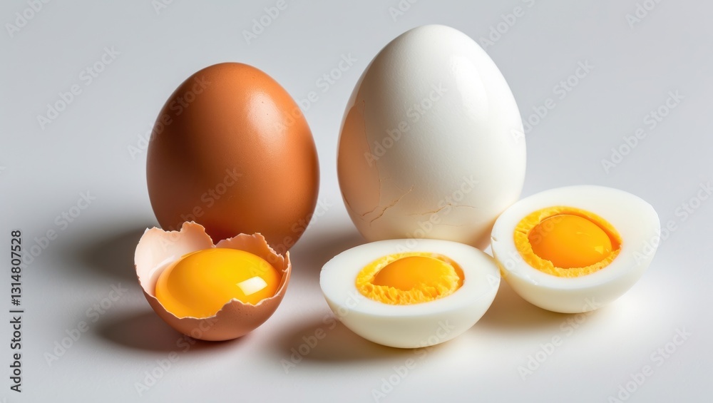 Raw and boiled chicken eggs displayed on a white background with clipping path. Raw and boiled chicken eggs displayed on a white background with clipping path.