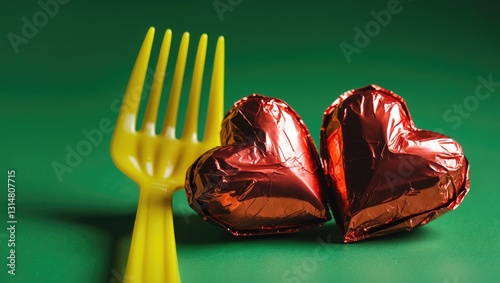 Two chocolate candies shaped like hearts in red foil and a yellow plastic fork, seen up close against a green background. The idea of betrayal by a womanizer or seducer and heartbreak.