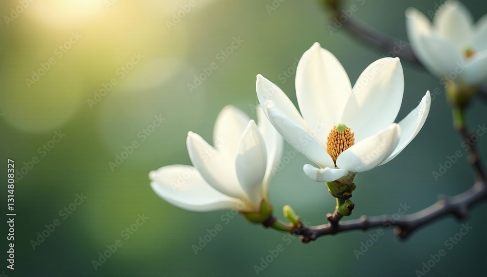 Fototapeta premium Beautiful white magnolia flowers in full bloom on branch, close-up, blossoms, bloom