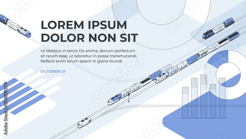Freight rail transportation. A cover for a presentation, booklet, annual report, or something like that. Vector illustration in isometric projection. All strokes are editable