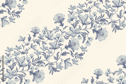 Vintage floral ethnic tapestry modern embroidery texture boho design vector illustration hand drawn silhouette indigo blue flower motif branches leaves wallpaper seamless background border.
