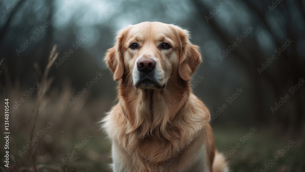 Fototapeta premium Portrait of a Purebred Golden Retriever dog in the outdoors.