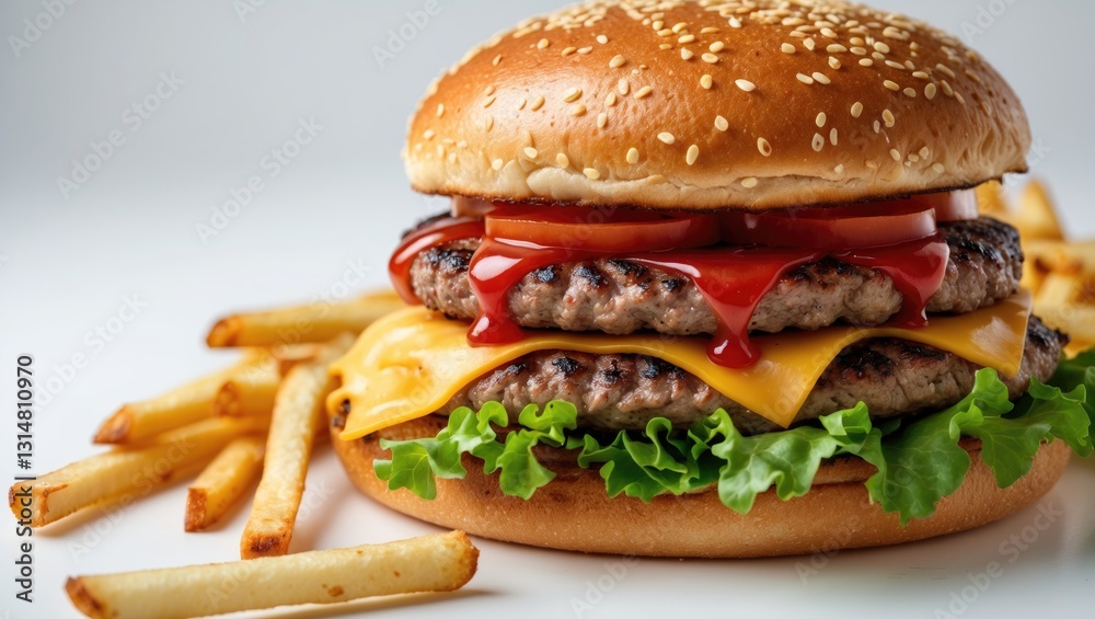 Close-up of delicious burger separated on white background. French fries alongside the burger with meat, preparing a burger. Junk fast food.