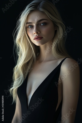 Beautiful blonde woman in black dress. Pictorial feel. Model.