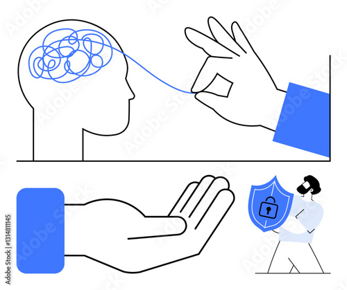 Hand untangling brain thread, outstretched palm offering help, person holding secure shield with lock. Ideal for mental health, clarity, problem-solving, trust, security support innovation. Flat