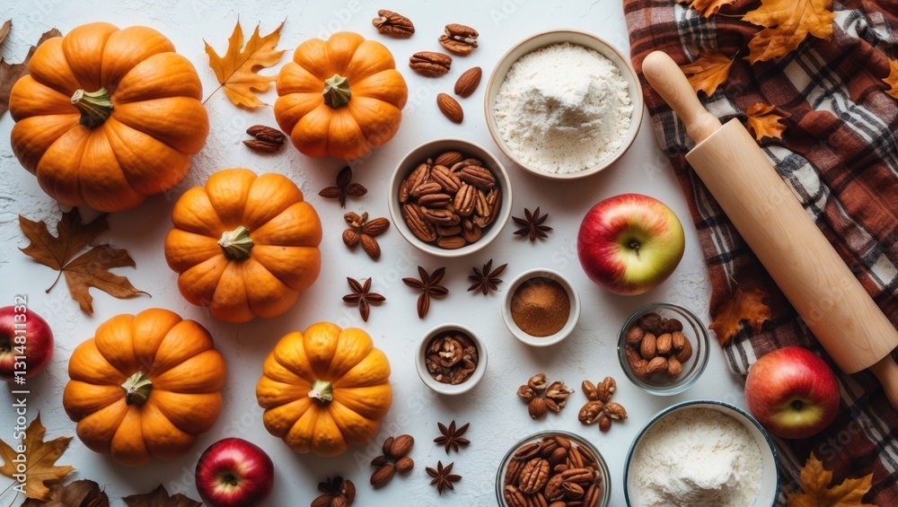 Autumn fall baking backdrop featuring pumpkins, apples, nuts, food ingredients, and seasonal spices on a white surface, viewed from above, with empty space for text. Preparing pumpkin or apple pie. Autumn fall baking backdrop featuring pumpkins, apples, nuts, food ingredients, and seasonal spices on a white surface, viewed from above, with empty space for text. Preparing pumpkin or apple pie.