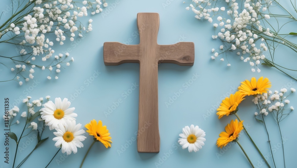 Wooden cross adorned with spring flowers against a blue background with empty space. Religious backdrop. Church holiday theme. Flat lay. Wooden cross adorned with spring flowers against a blue background with empty space. Religious backdrop. Church holiday theme. Flat lay.