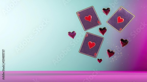 Pixelated Playing Cards And Hearts Floating Against Blue And Purple Background with Glitter in Modern Abstract Design