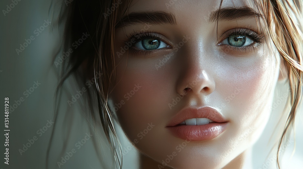 Fototapeta premium Close-up Portrait of a Young Woman with Striking Blue Eyes