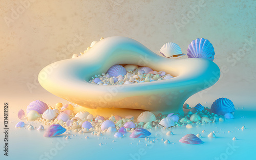 Seashell Cove Abstract 3D Render of Pastel Shells in a Smooth, Organic Form