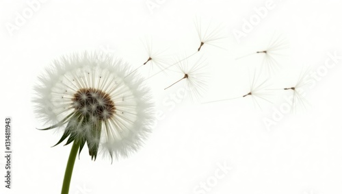 Close-up of a dandelion with spores drifting away, flower isolated.