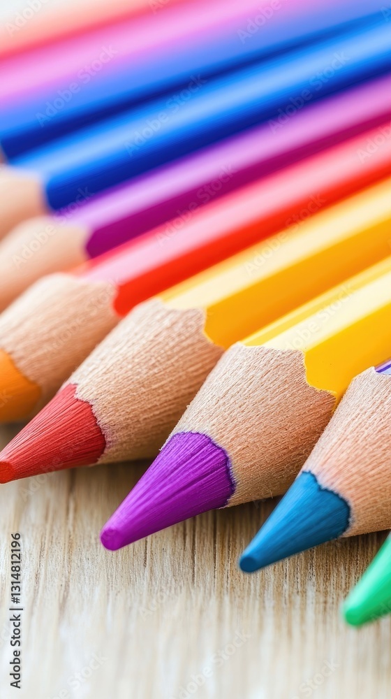 Colorful pencils on wood, close-up, creative art supplies Colorful pencils on wood, close-up, creative art supplies