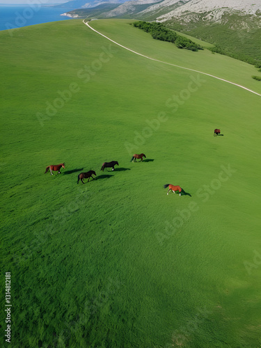 Wild horses running on a green field at the mountain with the Adriatic Sea in the background, 4K drone footage at mount Velebit, Croatia