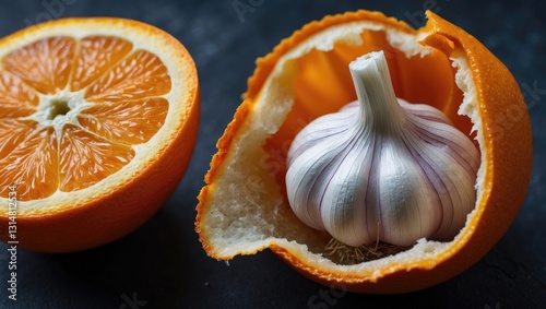 Clearing the tangerine reveals a garlic bulb inside. Trouble, disappointment, and vain expectations arise. Beneath a bright exterior lies a bitter essence. photo