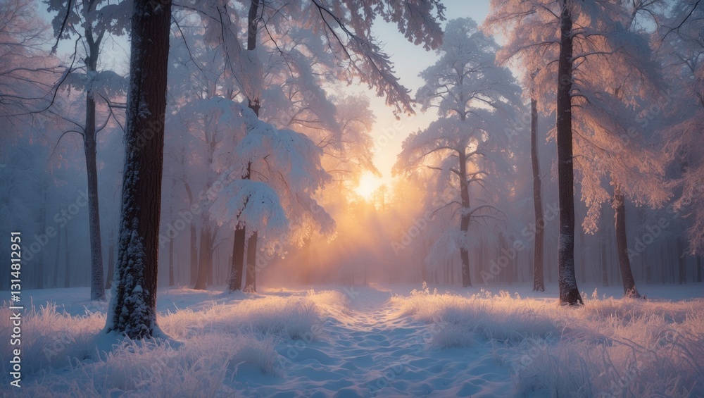 Naklejka premium Splendid winter scenery. Fantastic frosty morning in a forest. Snow-covered trees illuminated by warm sunlight. Amazing winter backdrop. Wonderful scene.