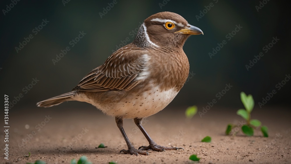 Fototapeta premium A Burhinus bird perched on one leg on a dirt surface with brown and white speckled plumage, displaying a seemingly annoyed or irritated expression in a moody environment.