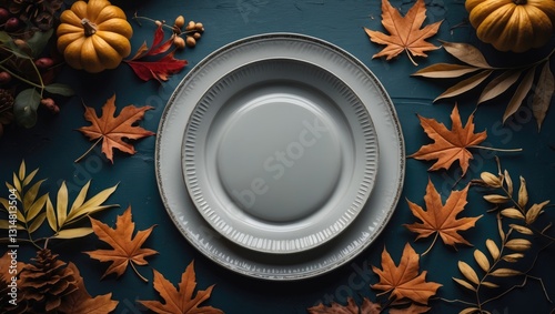 Thanksgiving table featuring an empty plate surrounded by leaf decorations in the background. Food backdrop. Top view of an unoccupied dish.