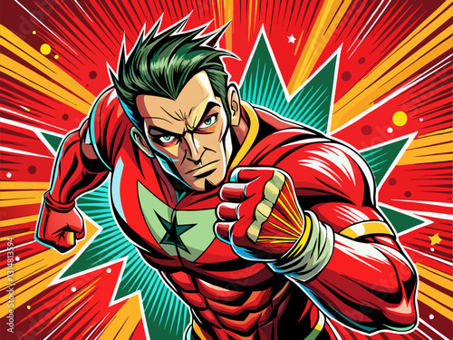 Pop art comic book style super hero punching with male red superhero costume poster design