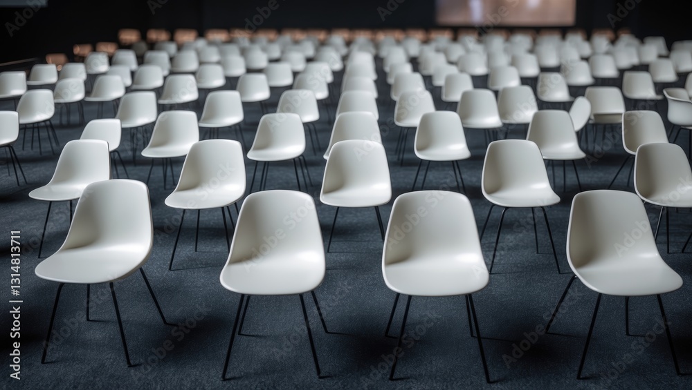 Fototapeta premium Group of white chairs set up for social distance, prepared for visitors at an indoor business event. Health and safety measures during the pandemic require spacing between individuals.
