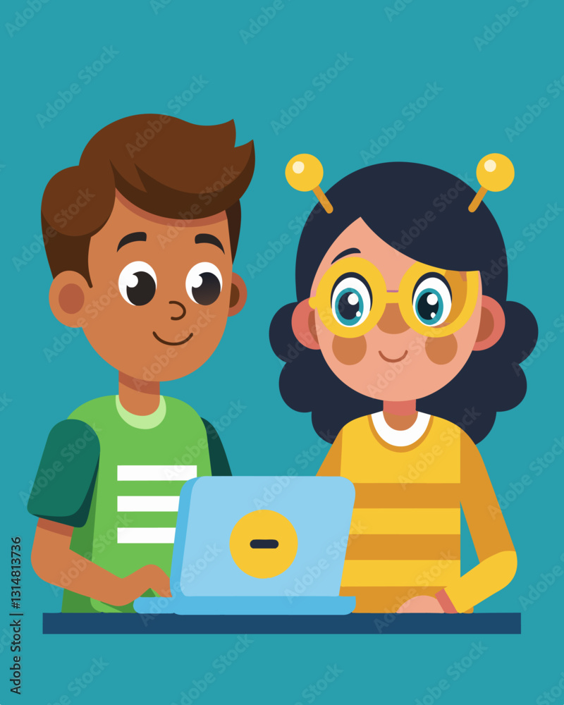 With determination in their eyes two children carefully discuss their coding strategy before trying it out on the BeeBot together.. Vector illustration With determination in their eyes two children carefully discuss their coding strategy before trying it out on the BeeBot together.. Vector illustration