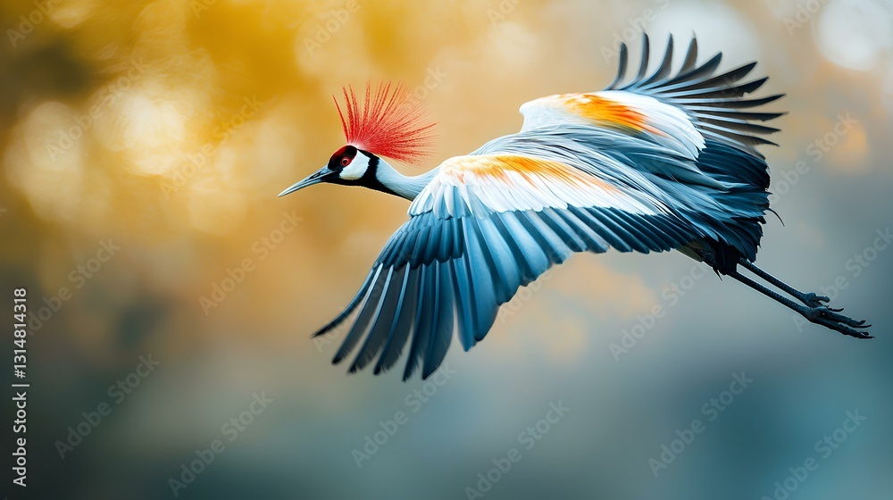 bright and colorful. Majestic Grey Crowned Crane in flight a long exposure wildlife photograph capturing African nature's beauty