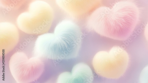Colorful pastel on a soft yellow background, with a Feather and many small heart-shaped fur puffs, creating a cute and whimsical composition.  