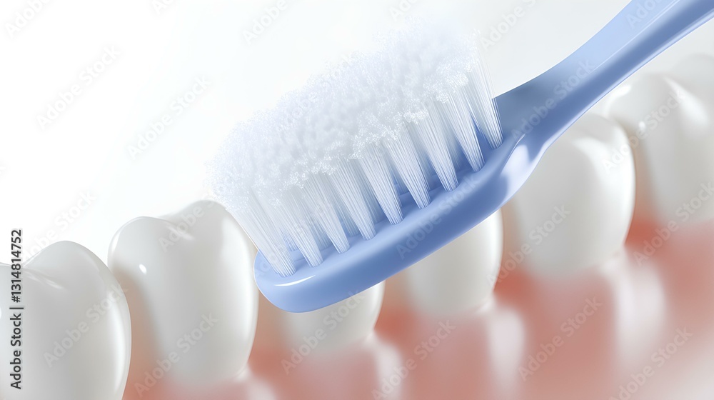 Close-up of toothbrush on white teeth, toothpaste foam, white background, detailed texture and skin tone.