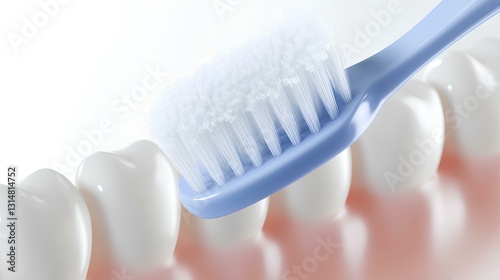 Obraz na płótnie Close-up of toothbrush on white teeth, toothpaste foam, white background, detailed texture and skin tone. w salonie