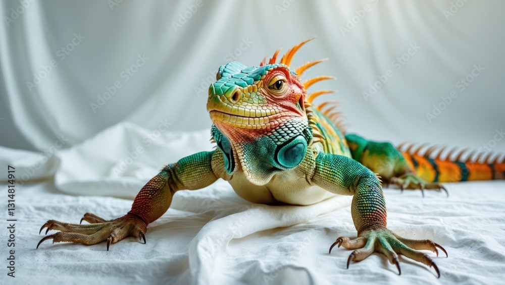 Obraz premium Detail of a vibrant iguana set against a white background.