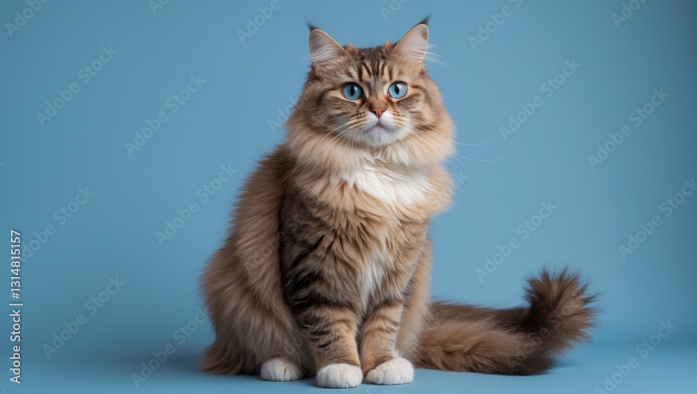 Portrait of a slightly irritated cat sitting alone against a blue background. Portrait of a slightly irritated cat sitting alone against a blue background.