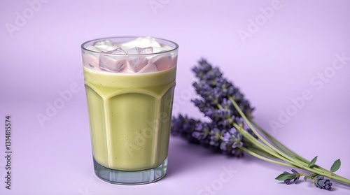 Iced matcha lavender latte drink, space for copy