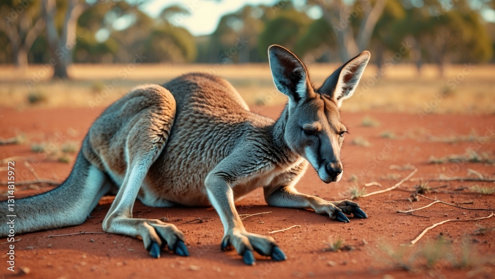 Fototapeta premium Sleepy kangaroo lounging on the ground.