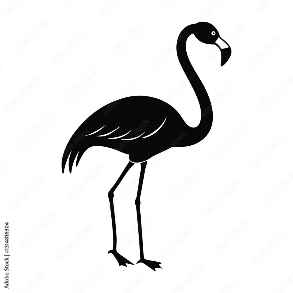 Naklejka premium Flamingo Standing on One Leg with Curved Neck Silhouette