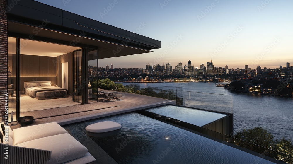 Naklejka premium Luxury Penthouse Suite with Infinity Pool and Stunning Sydney Skyline Views