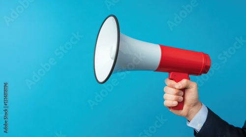 person holding red and white megaphone against blue background, ready to communicate photo