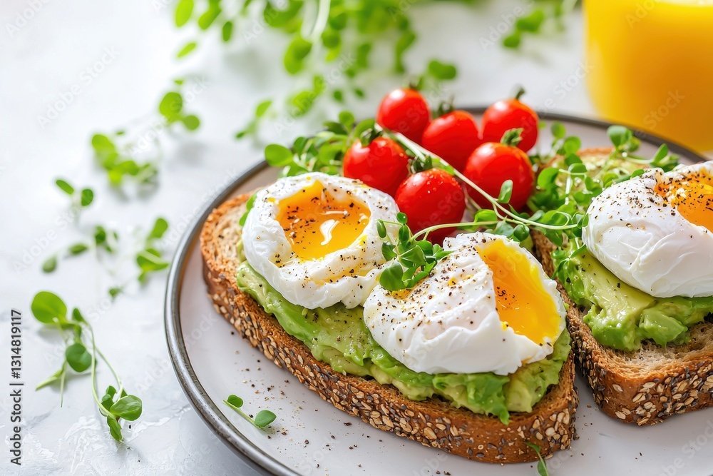 delicious breakfast: avocado toast with poached eggs and fresh tomatoes. The dish is beautifully presented with a vibrant and inviting look. delicious breakfast: avocado toast with poached eggs and fresh tomatoes. The dish is beautifully presented with a vibrant and inviting look.