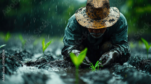 Planting seeds in the rain farmer cultivating crops rice field agricultural scene rural environment