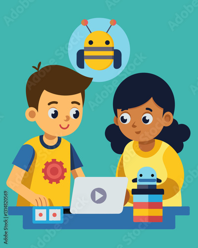 Two siblings sit side by side collaborating on a more complex coding project together with their BeeBots while learning important teamwork and communication skills.. Vector illustration