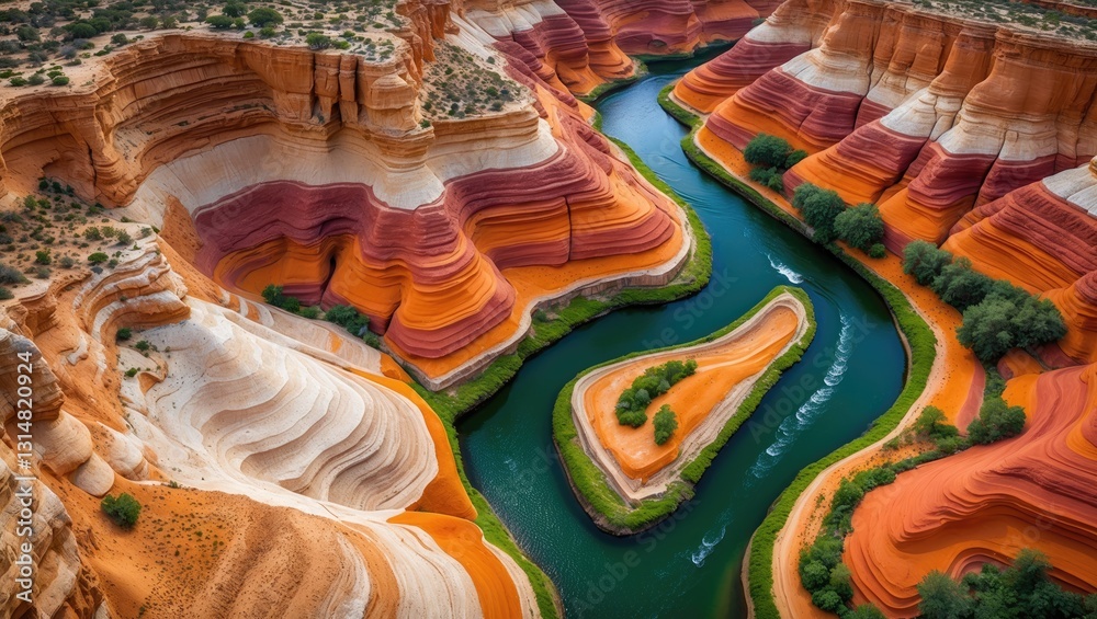 Aerial view of a serpent-like river meandering through vibrant, sediment-rich bends, highlighting nature's artistry. Aerial view of a serpent-like river meandering through vibrant, sediment-rich bends, highlighting nature's artistry.