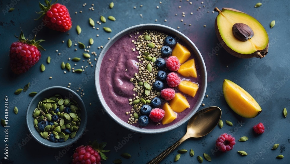 Superfood smoothie served in a bowl topped with fruits and seeds. Healthy eating, healthy lifestyle concept. Superfood smoothie served in a bowl topped with fruits and seeds. Healthy eating, healthy lifestyle concept.