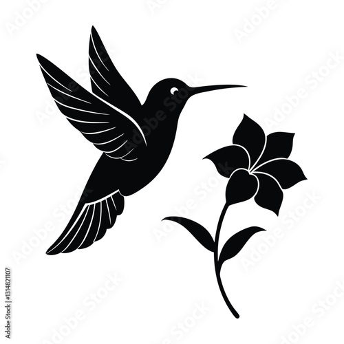Hummingbird Hovering Near a Flower with Flapping Wings Silhouette