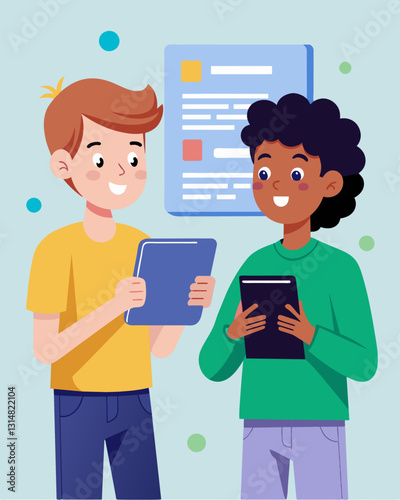 Two students excitedly discussing their progress on a coding project their tablets displaying lines of code and design mockups.. Vector illustration