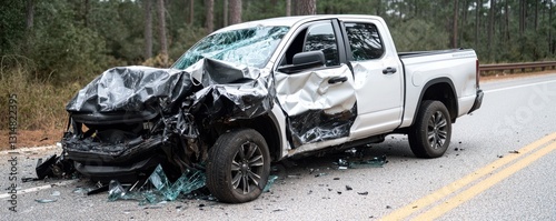 A damaged white pickup truck is parked on the roadside, showing significant impact damage and shattered glass, indicating a recent accident.