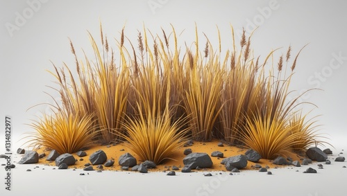 Desert scene cutout featuring dry plants and rocks isolated on a background banner, 3D illustration.