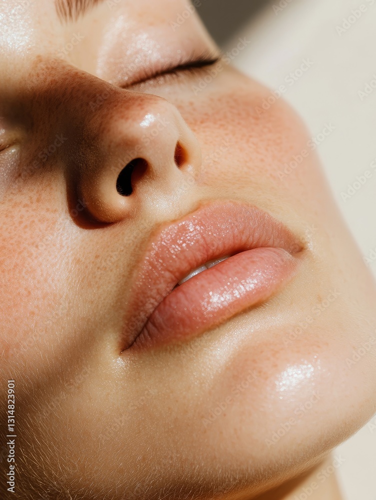 Glowing skin close-up with natural freckles, smooth hydrated complexion, beauty skincare routine, sun-kissed healthy glow