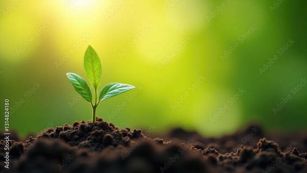 Obraz premium Small, delicate trees are naturally growing in sunlight, illustrating the concept of agriculture and sustainable plant growth.