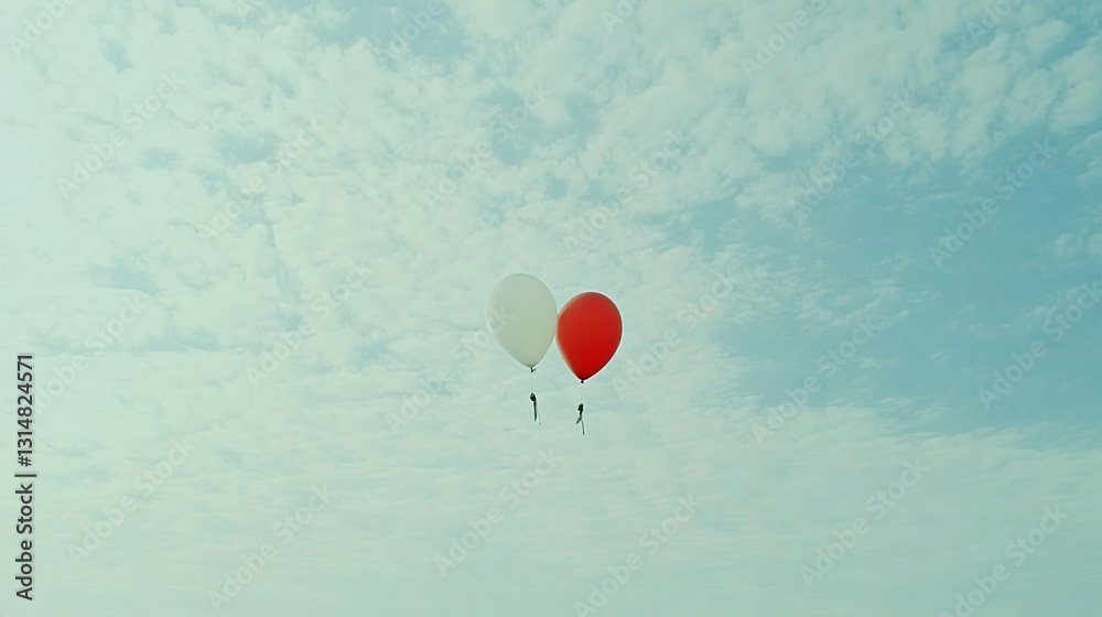 Fototapeta premium Red white balloons float cloudy sky; romantic, event