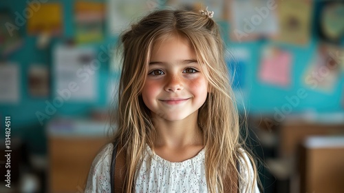 A smiling young child with curly hair stands in a brightly lit classroom, wearing a striped shirt and a green hoodie, with a backpack slung over their shoulders.