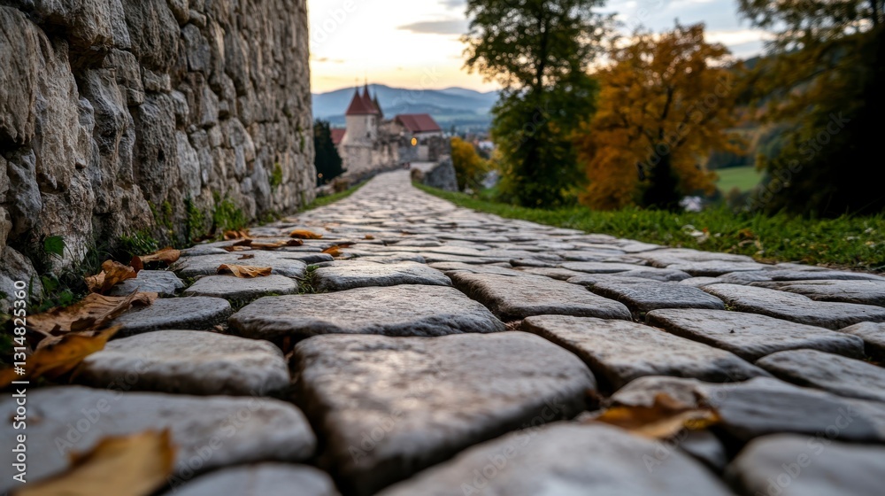 award-winning travel destination concept A picturesque cobblestone path winding through an autumn landscape with a scenic backdrop.