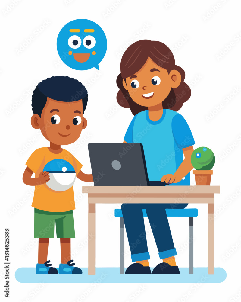 Two children sitting at a desk one explaining their code while the other excitedly watches their Sphero complete the task successfully.. Vector illustration Two children sitting at a desk one explaining their code while the other excitedly watches their Sphero complete the task successfully.. Vector illustration